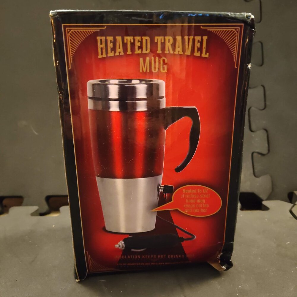 Heated travel mug 12 V DC adapter Stainless Steel New in Box